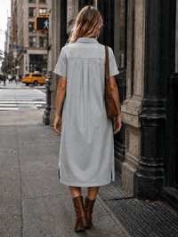 WOMEN'S SHORT SLEEVE FRONT POCKETS BUTTON UP SIDE SLITS DENIM MIDI DRESS