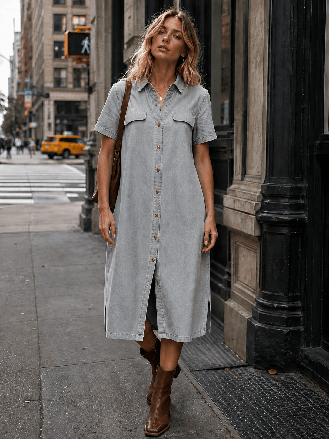 WOMEN'S SHORT SLEEVE FRONT POCKETS BUTTON UP SIDE SLITS DENIM MIDI DRESS