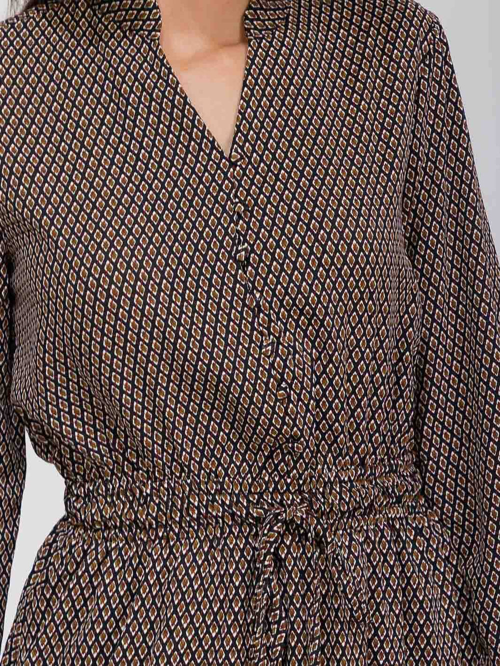 WOMEN'S LONG SLEEVE BUTTON UP ADJUSTABLE WAIST POCKETS PRINTED MIDI DRESS