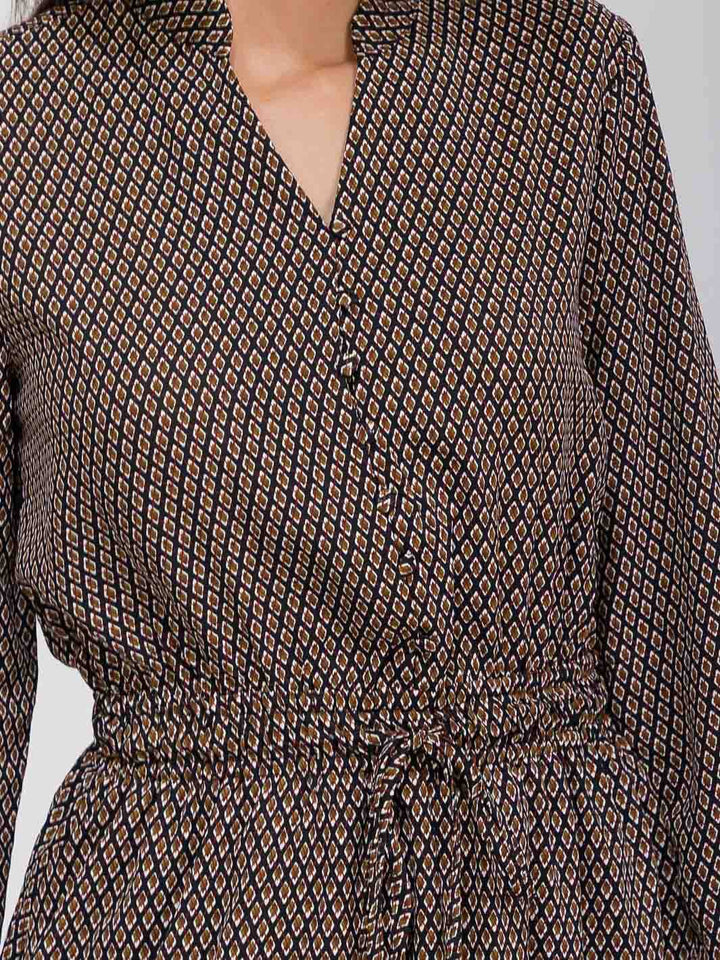 WOMEN'S LONG SLEEVE BUTTON UP ADJUSTABLE WAIST POCKETS PRINTED MIDI DRESS