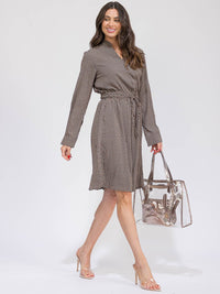 WOMEN'S LONG SLEEVE BUTTON UP ADJUSTABLE WAIST POCKETS PRINTED MIDI DRESS