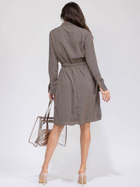 WOMEN'S LONG SLEEVE BUTTON UP ADJUSTABLE WAIST POCKETS PRINTED MIDI DRESS