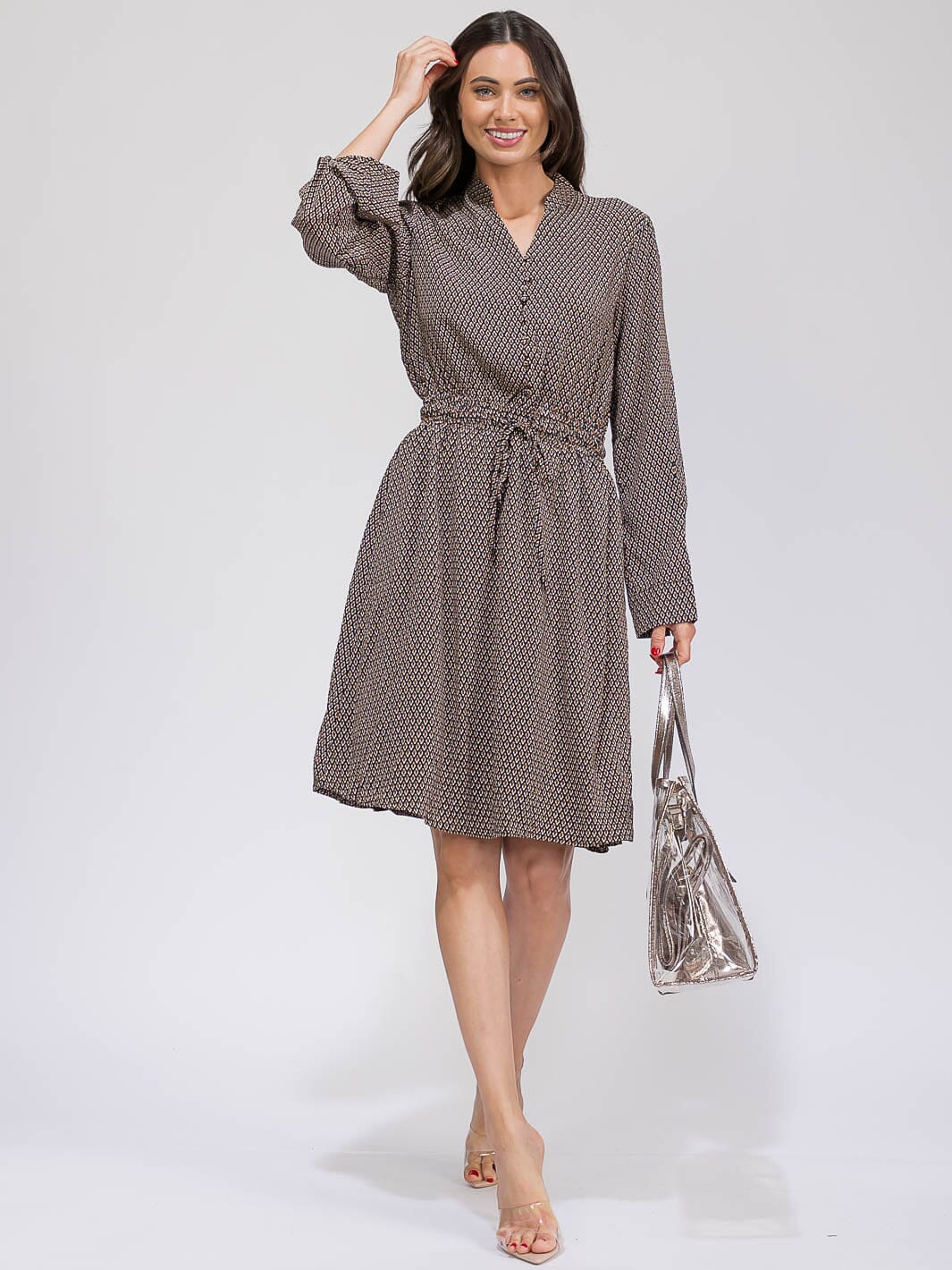 WOMEN'S LONG SLEEVE BUTTON UP ADJUSTABLE WAIST POCKETS PRINTED MIDI DRESS