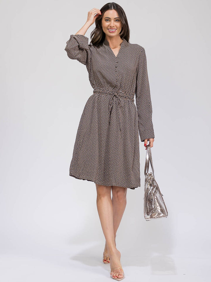 WOMEN'S LONG SLEEVE BUTTON UP ADJUSTABLE WAIST POCKETS PRINTED MIDI DRESS