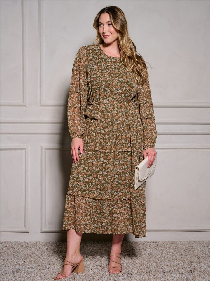 PLUS SIZE LONG SLEEVE SELF TIE FLORAL MAXI DRESS