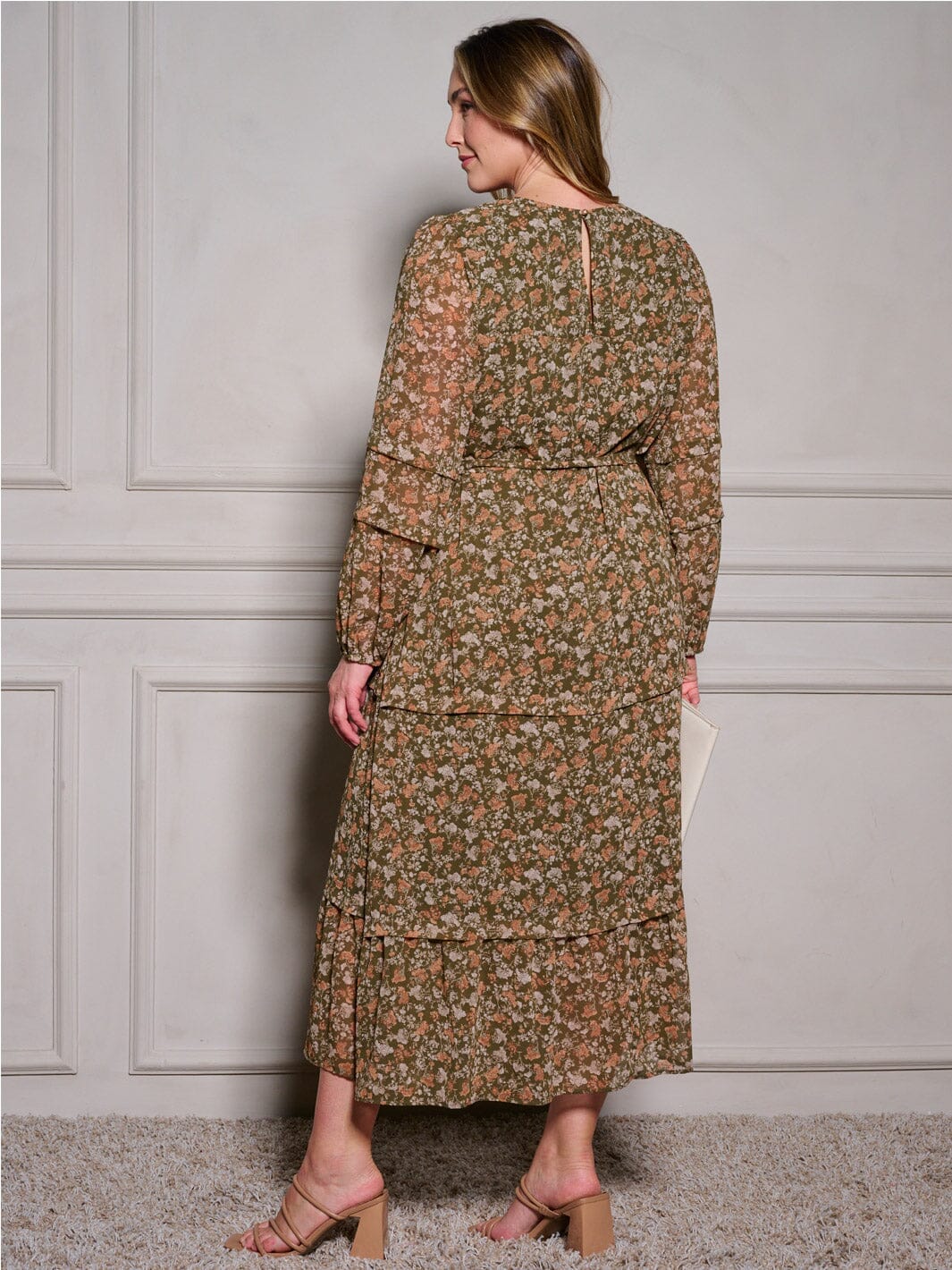 PLUS SIZE LONG SLEEVE SELF TIE FLORAL MAXI DRESS