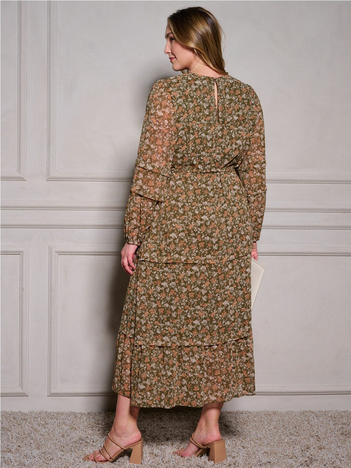 PLUS SIZE LONG SLEEVE SELF TIE FLORAL MAXI DRESS