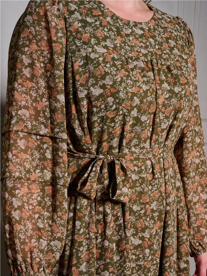 PLUS SIZE LONG SLEEVE SELF TIE FLORAL MAXI DRESS