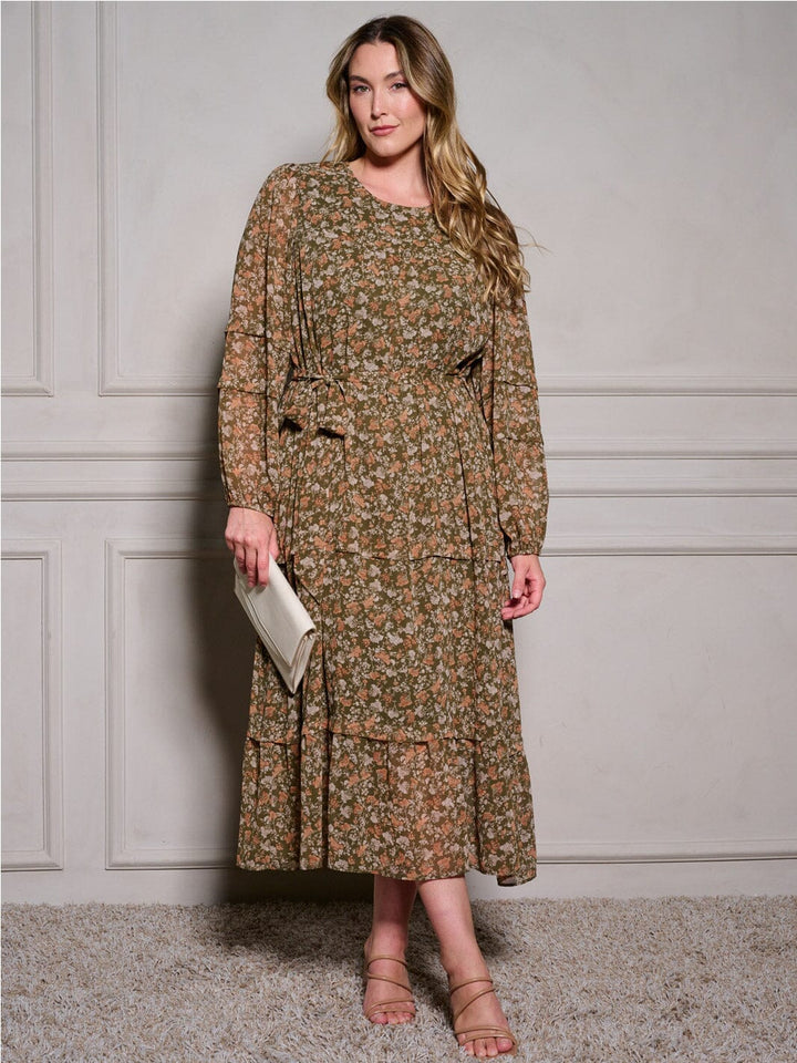PLUS SIZE LONG SLEEVE SELF TIE FLORAL MAXI DRESS