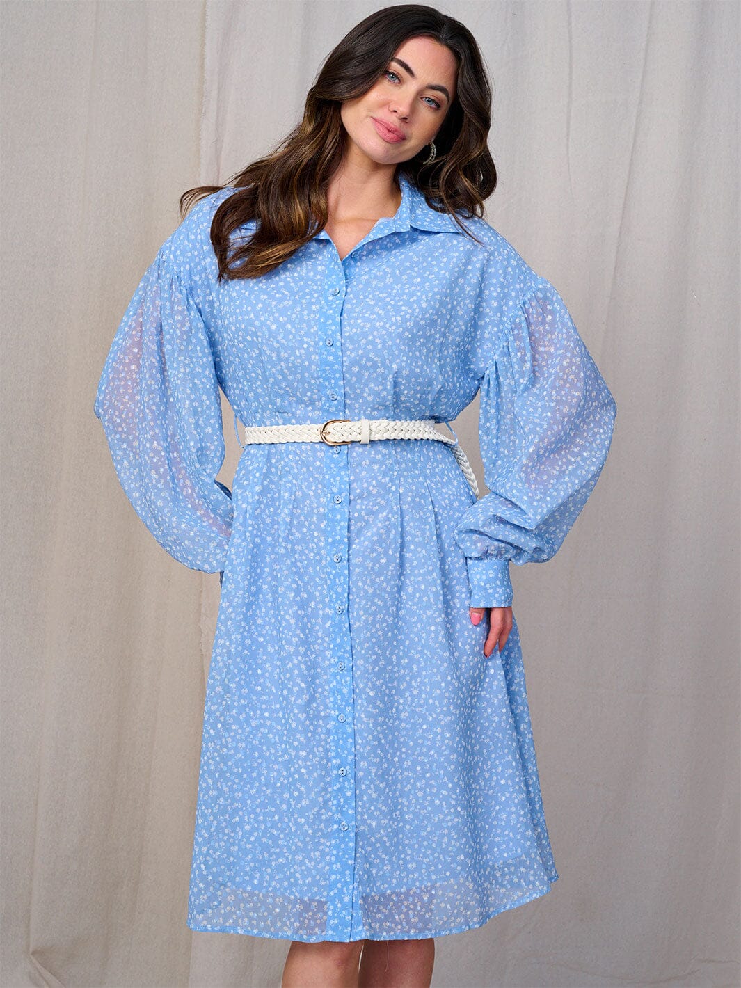 WOMEN'S LONG SLEEVES BUTTON UP BELTED FLORAL MIDI DRESS