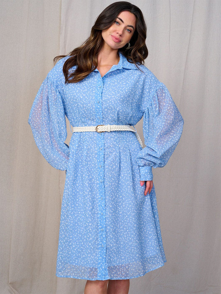 WOMEN'S LONG SLEEVES BUTTON UP BELTED FLORAL MIDI DRESS