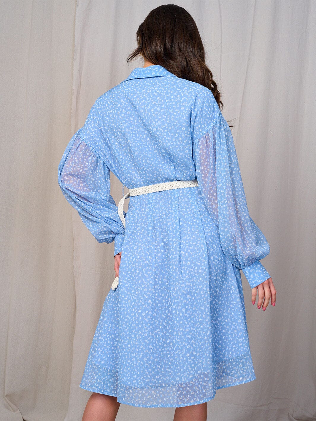 WOMEN'S LONG SLEEVES BUTTON UP BELTED FLORAL MIDI DRESS