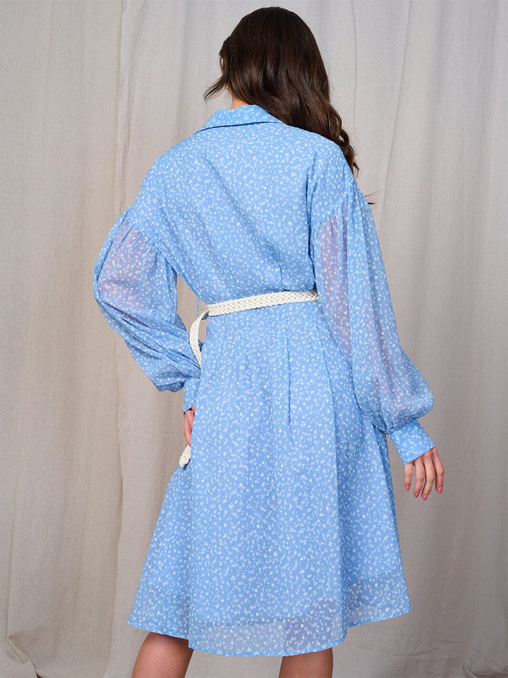 WOMEN'S LONG SLEEVES BUTTON UP BELTED FLORAL MIDI DRESS