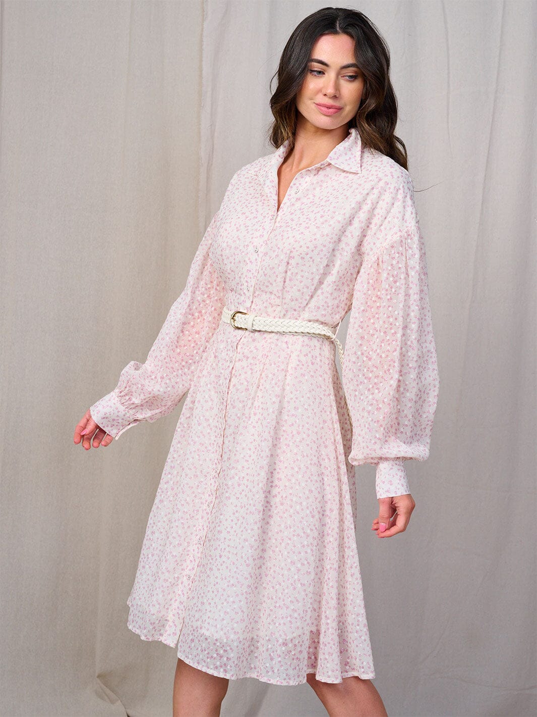 WOMEN'S LONG SLEEVES BUTTON UP BELTED FLORAL MIDI DRESS