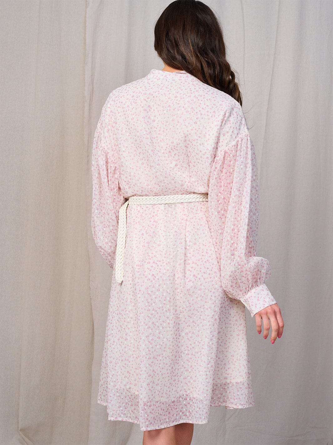 WOMEN'S LONG SLEEVES BUTTON UP BELTED FLORAL MIDI DRESS