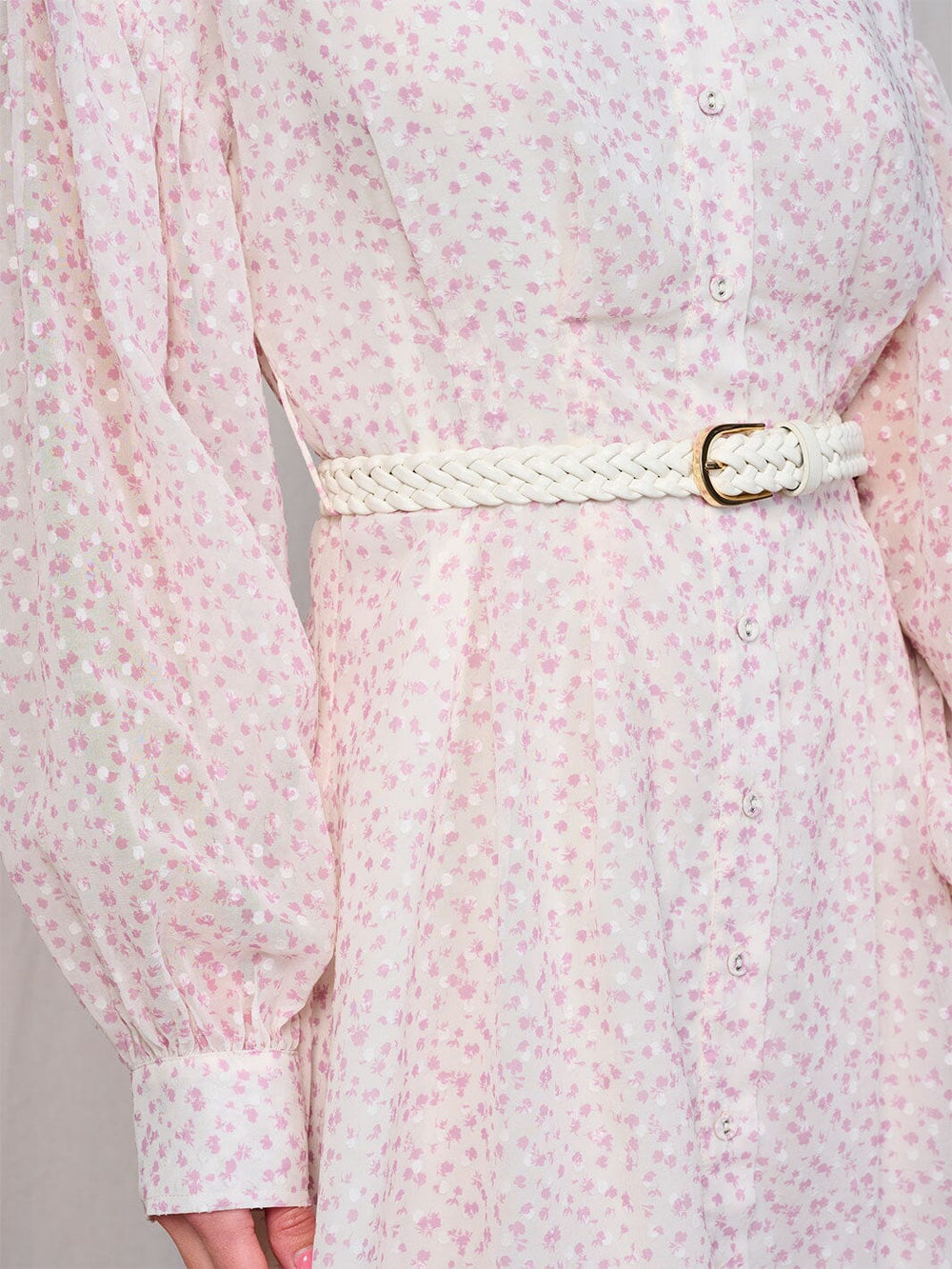 WOMEN'S LONG SLEEVES BUTTON UP BELTED FLORAL MIDI DRESS