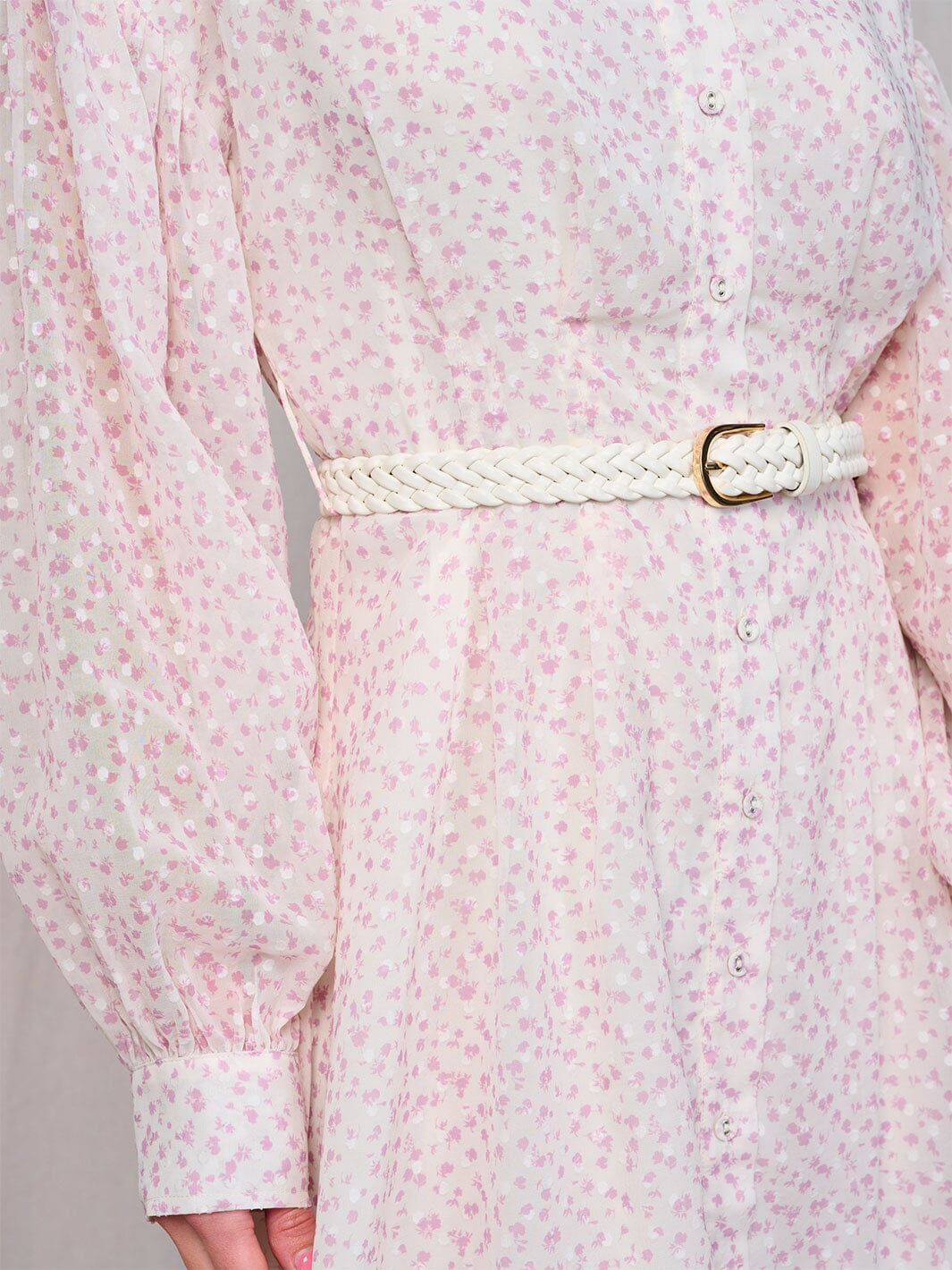 WOMEN'S LONG SLEEVES BUTTON UP BELTED FLORAL MIDI DRESS