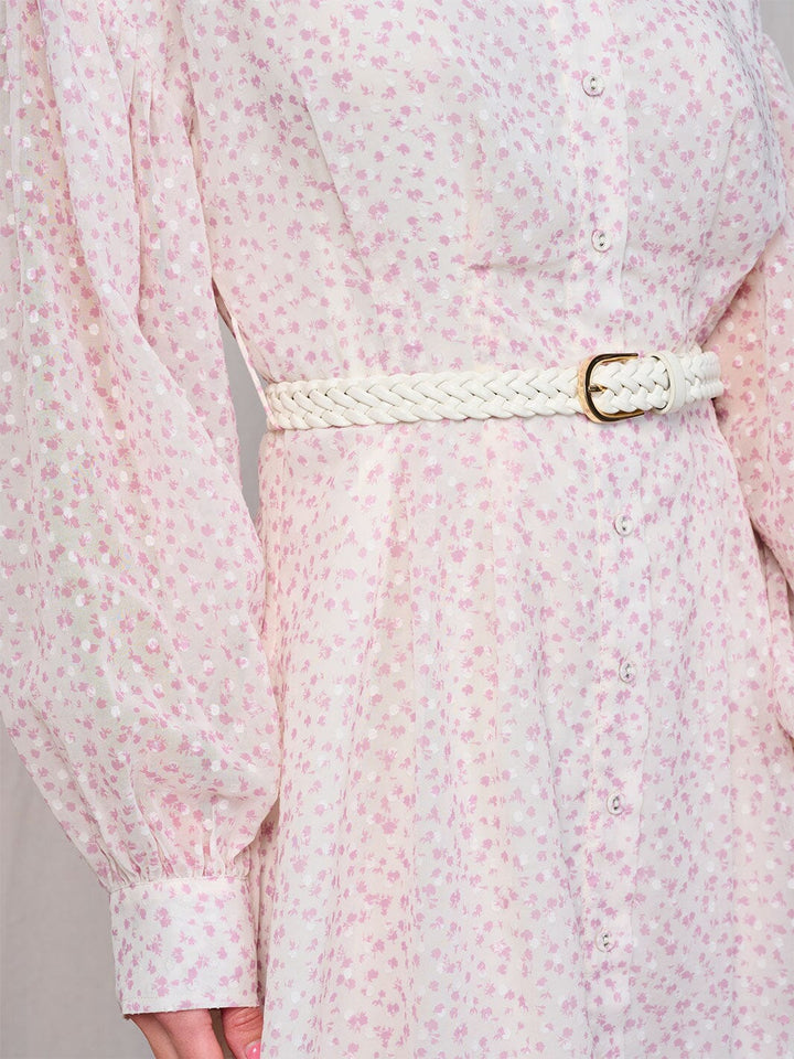 WOMEN'S LONG SLEEVES BUTTON UP BELTED FLORAL MIDI DRESS