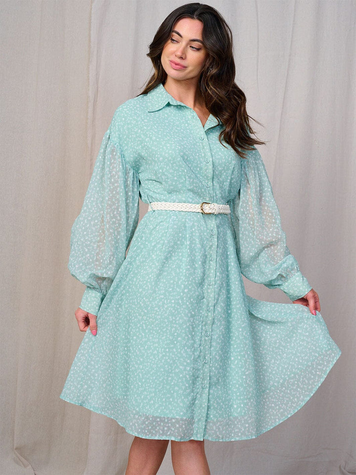 WOMEN'S LONG SLEEVES BUTTON UP BELTED FLORAL MIDI DRESS