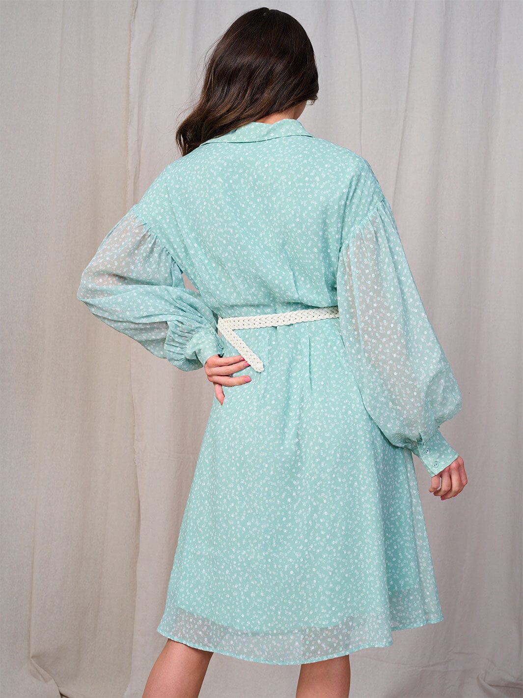 WOMEN'S LONG SLEEVES BUTTON UP BELTED FLORAL MIDI DRESS