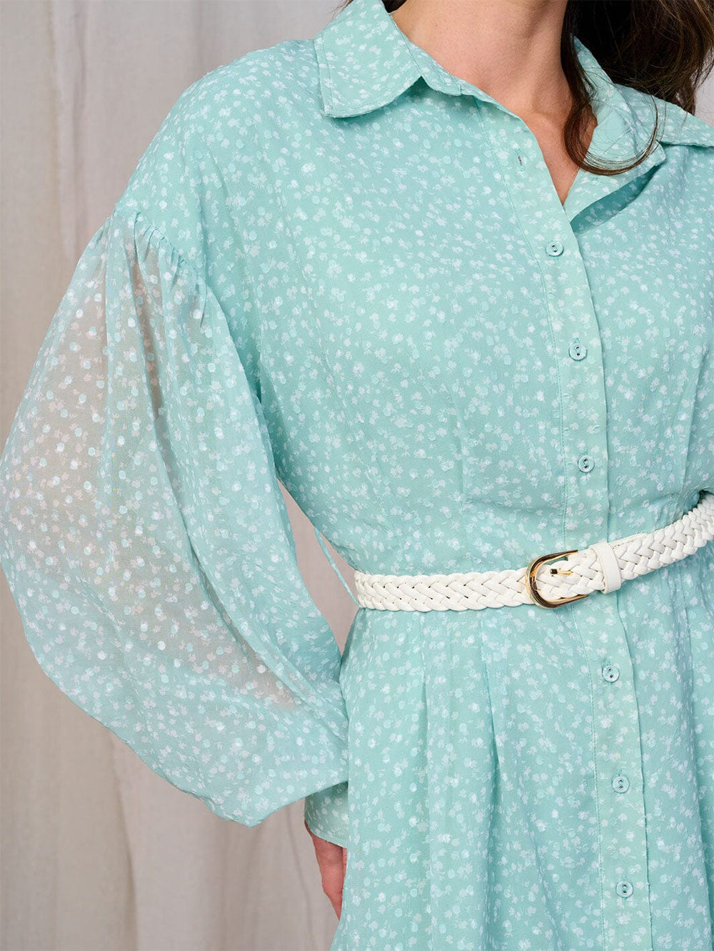 WOMEN'S LONG SLEEVES BUTTON UP BELTED FLORAL MIDI DRESS