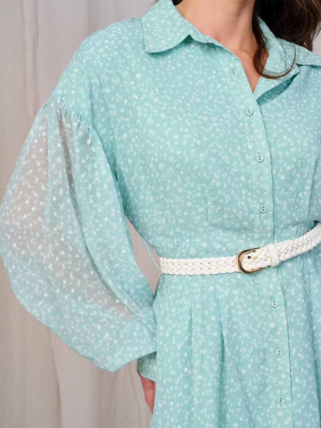 WOMEN'S LONG SLEEVES BUTTON UP BELTED FLORAL MIDI DRESS