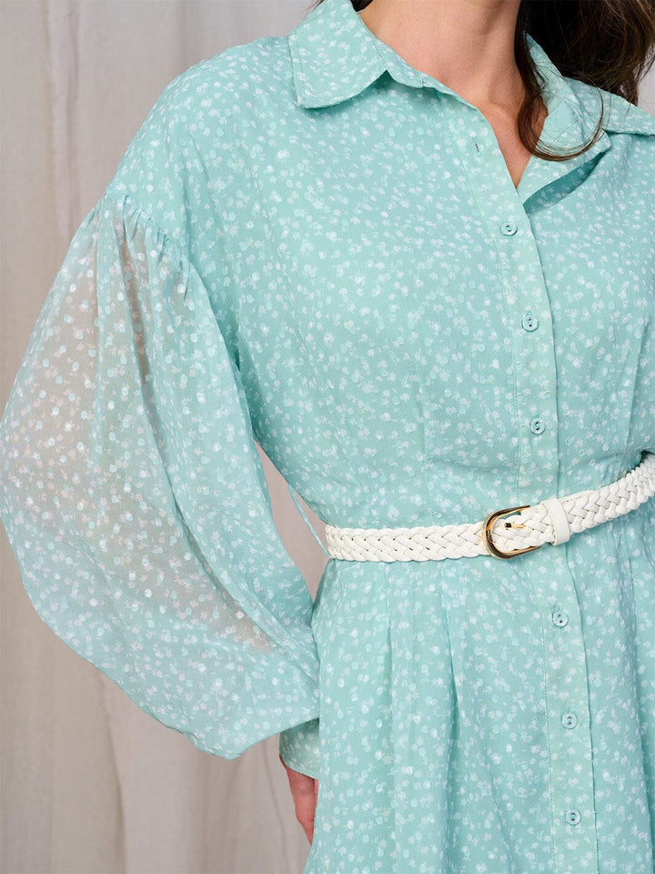 WOMEN'S LONG SLEEVES BUTTON UP BELTED FLORAL MIDI DRESS