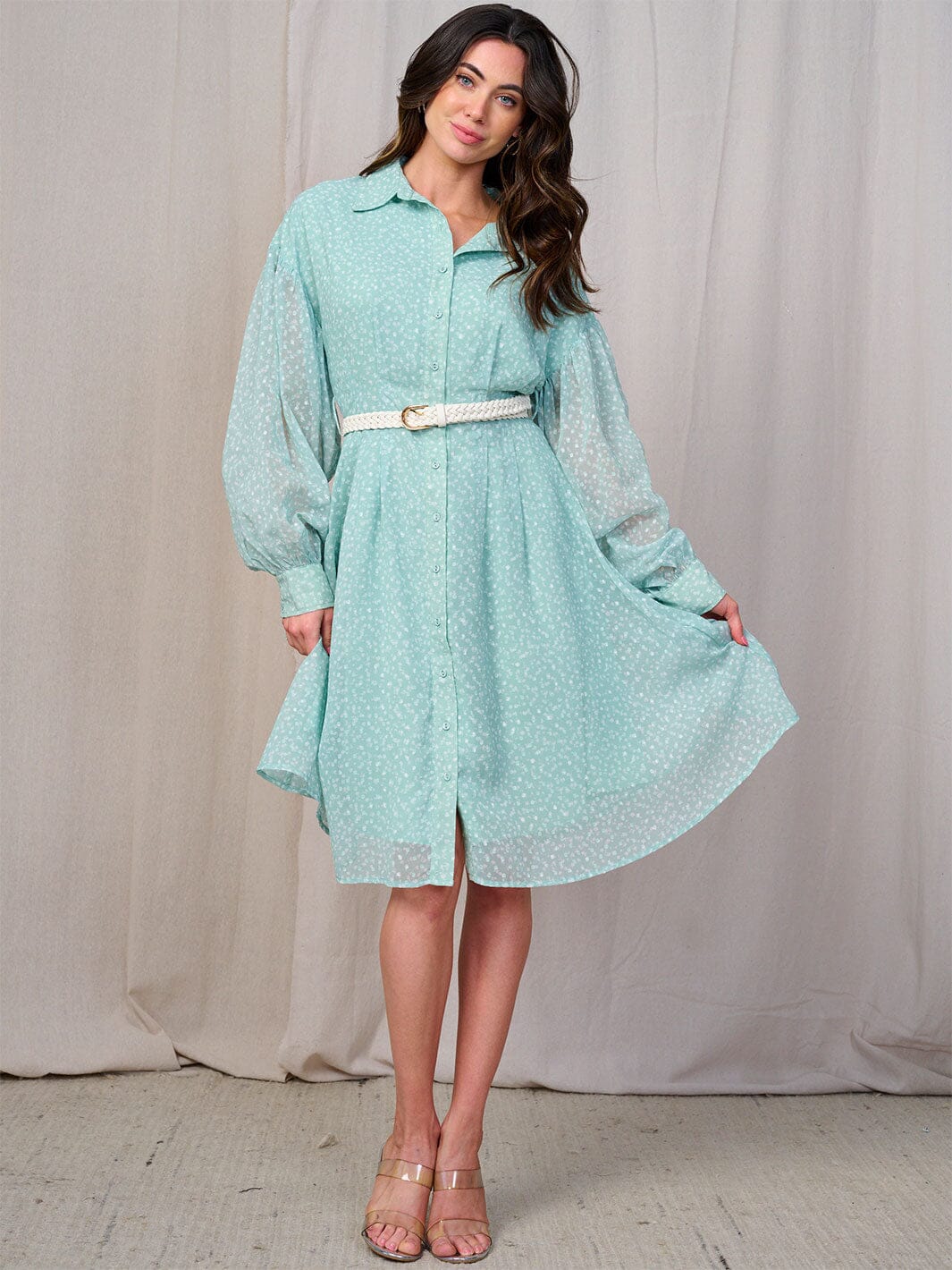 WOMEN'S LONG SLEEVES BUTTON UP BELTED FLORAL MIDI DRESS