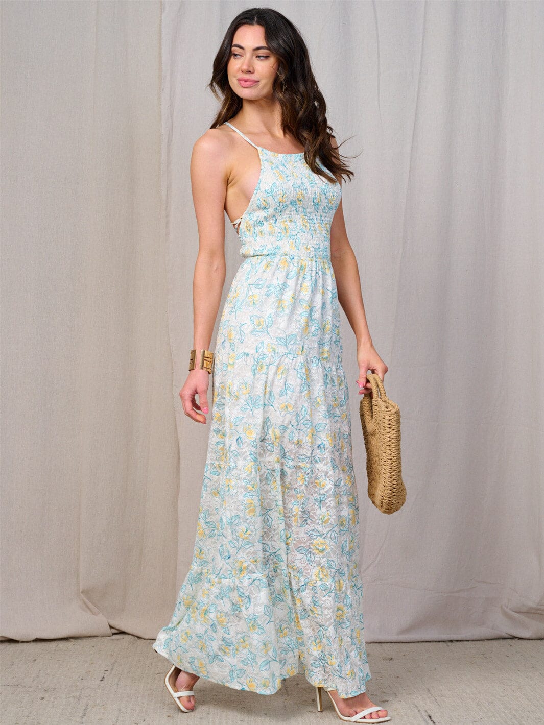 WOMEN'S SLEEVELESS OPEN BACK SMOCK FLORAL MAXI DRESS