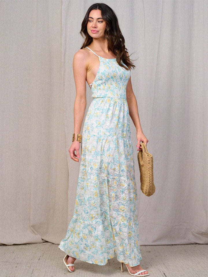 WOMEN'S SLEEVELESS OPEN BACK SMOCK FLORAL MAXI DRESS