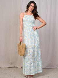 WOMEN'S SLEEVELESS OPEN BACK SMOCK FLORAL MAXI DRESS