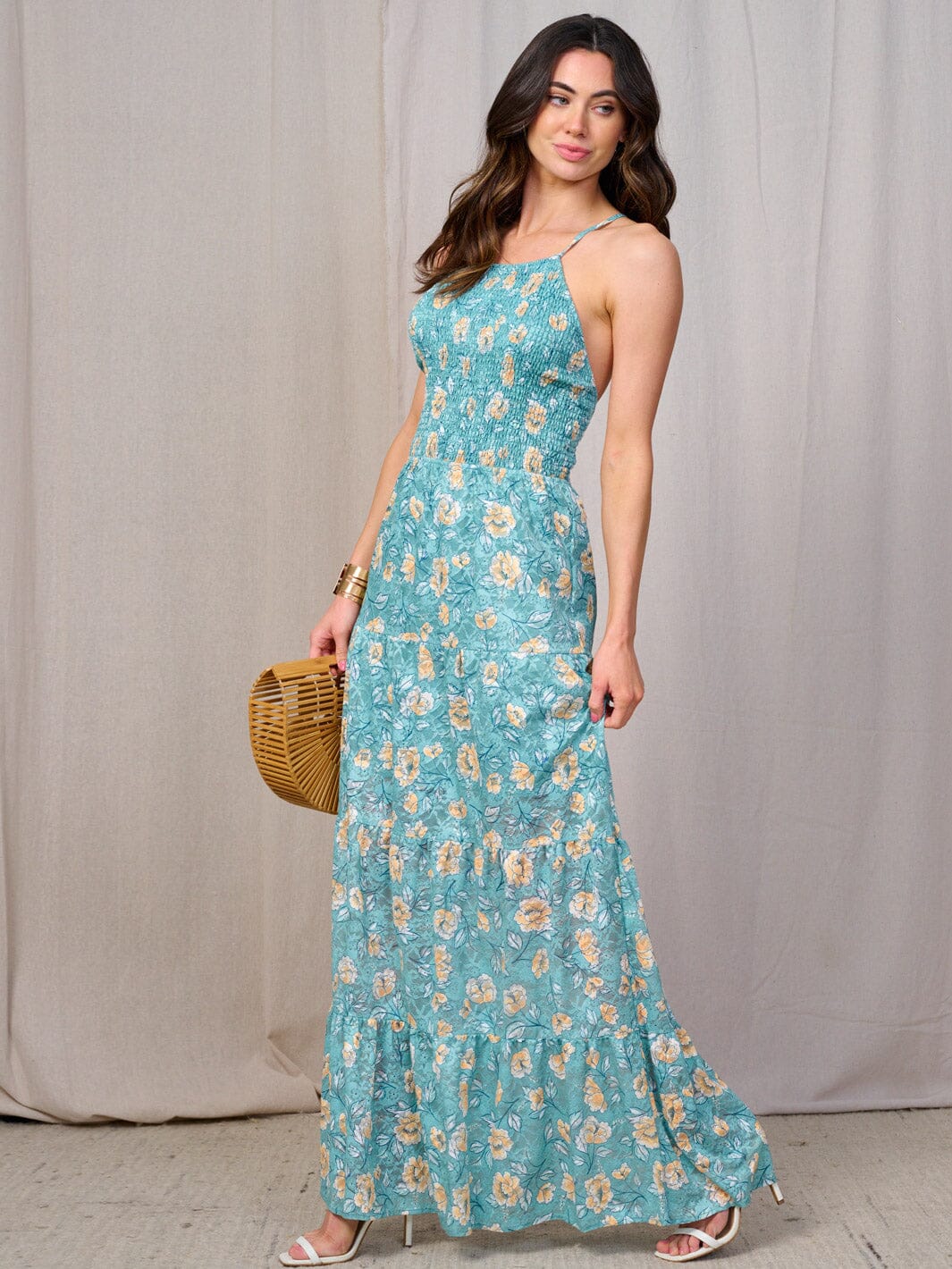 WOMEN'S SLEEVELESS OPEN BACK SMOCK FLORAL MAXI DRESS