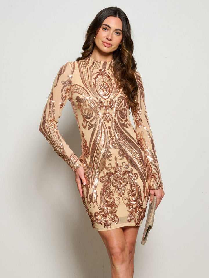 WOMEN'S LONG SLEEVE MOCK NECK BODYCON SEQUINS MINI DRESS