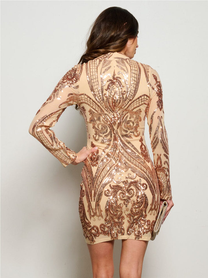 WOMEN'S LONG SLEEVE MOCK NECK BODYCON SEQUINS MINI DRESS