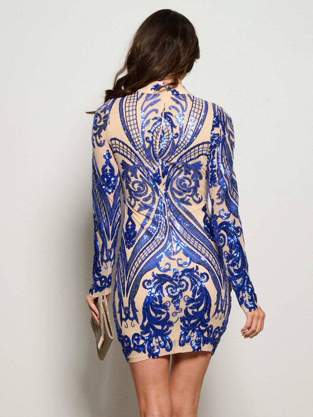 WOMEN'S LONG SLEEVE MOCK NECK BODYCON SEQUINS MINI DRESS