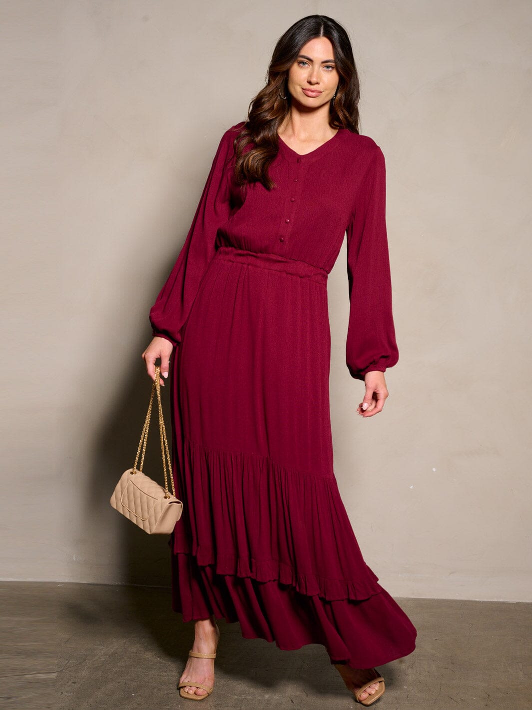 WOMEN'S LONG SLEEVE BUTTON UP TIERED MAXI DRESS