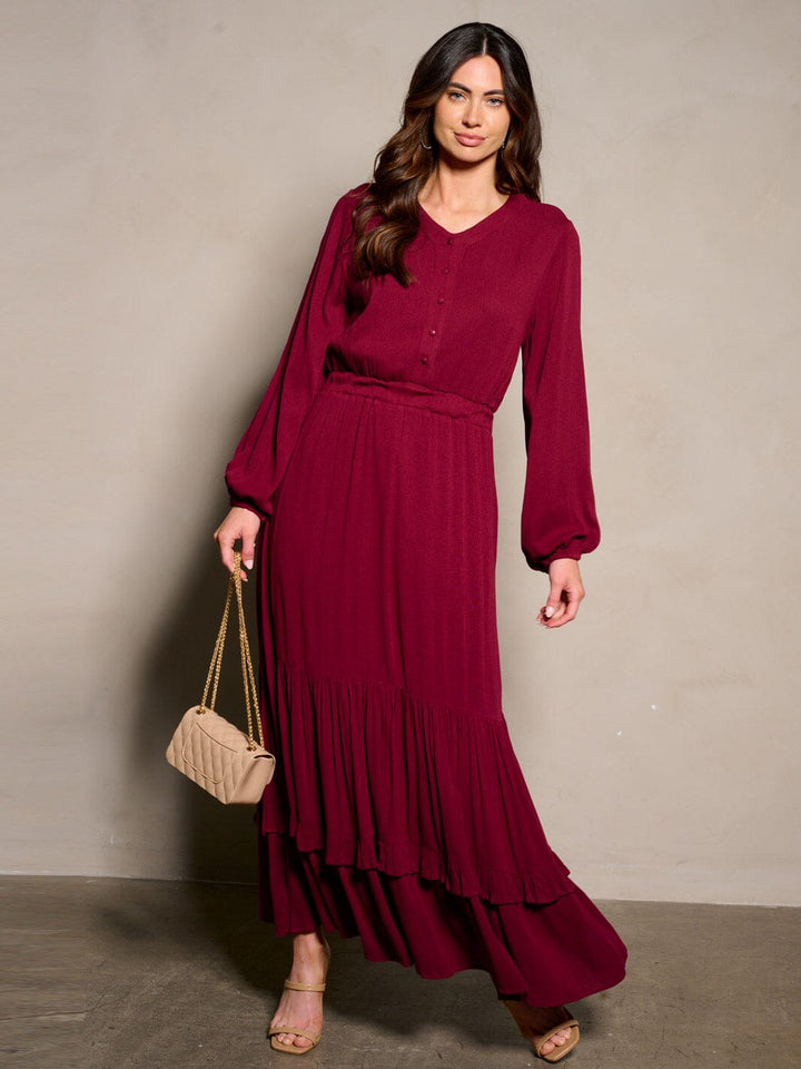 WOMEN'S LONG SLEEVE BUTTON UP TIERED MAXI DRESS