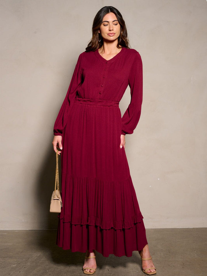WOMEN'S LONG SLEEVE BUTTON UP TIERED MAXI DRESS