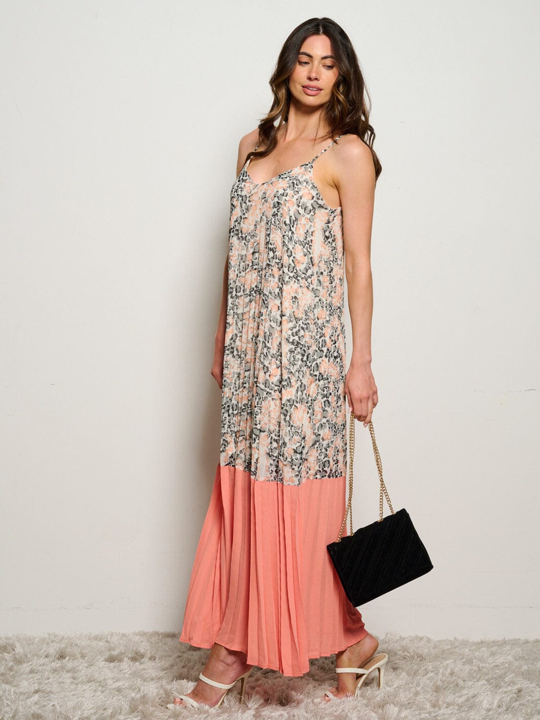 WOMEN'S SLEEVELESS PLEATED FLORAL TUNIC MAXI DRESS