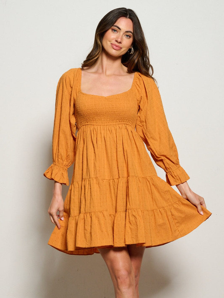 WOMEN'S LONG SLEEVE SMOCK TIERED SWISS DOT MINI DRESS