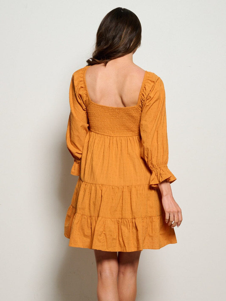 WOMEN'S LONG SLEEVE SMOCK TIERED SWISS DOT MINI DRESS