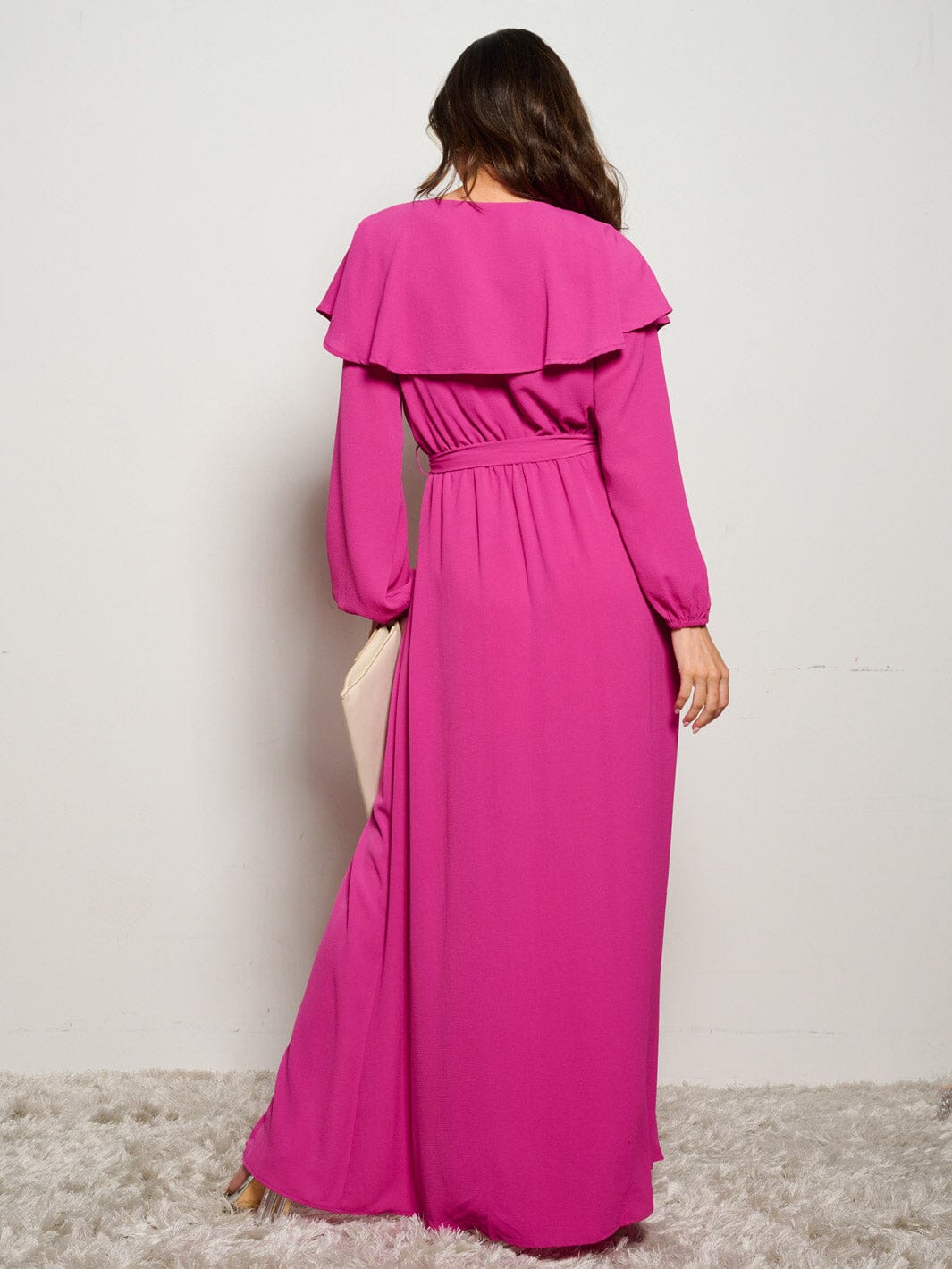WOMEN'S LONG SLEEVE SURPLICE RUFFLE SIDE SLIT MAXI DRESS