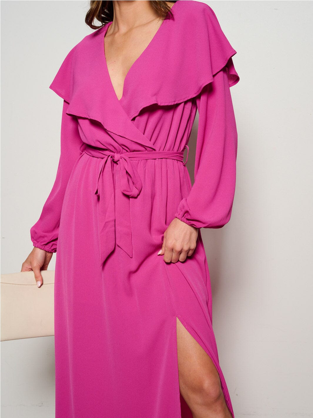 WOMEN'S LONG SLEEVE SURPLICE RUFFLE SIDE SLIT MAXI DRESS