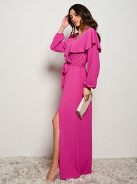 WOMEN'S LONG SLEEVE SURPLICE RUFFLE SIDE SLIT MAXI DRESS