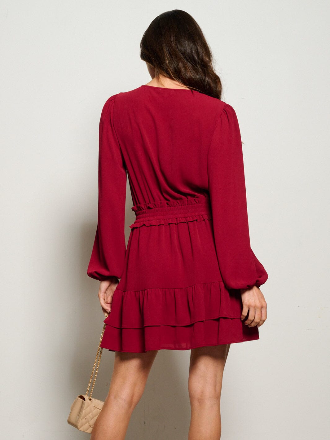 WOMEN'S LONG SLEEVE SURPLICE SMOCK WAIST MINI DRESS