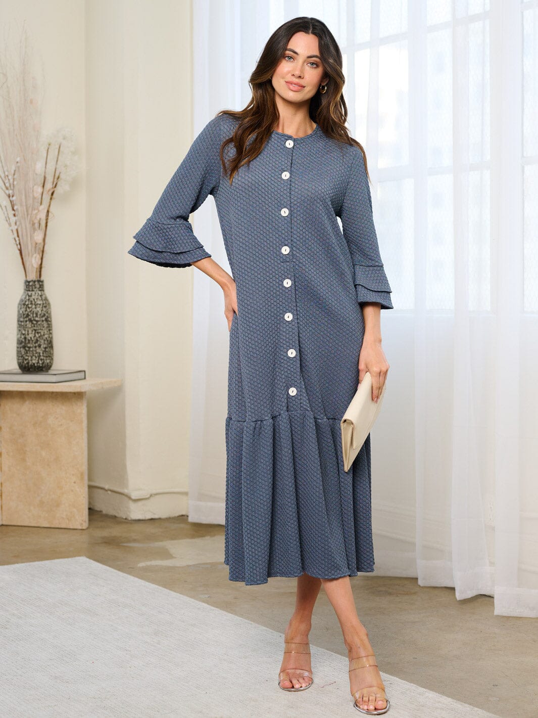 WOMEN'S 3/4 RUFFLE SLEEVE BUTTON UP DETAILED MIDI DRESS