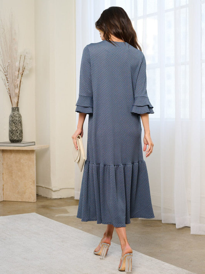 WOMEN'S 3/4 RUFFLE SLEEVE BUTTON UP DETAILED MIDI DRESS