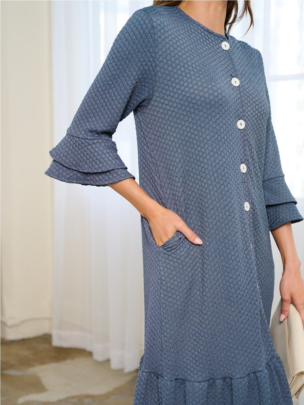 WOMEN'S 3/4 RUFFLE SLEEVE BUTTON UP DETAILED MIDI DRESS