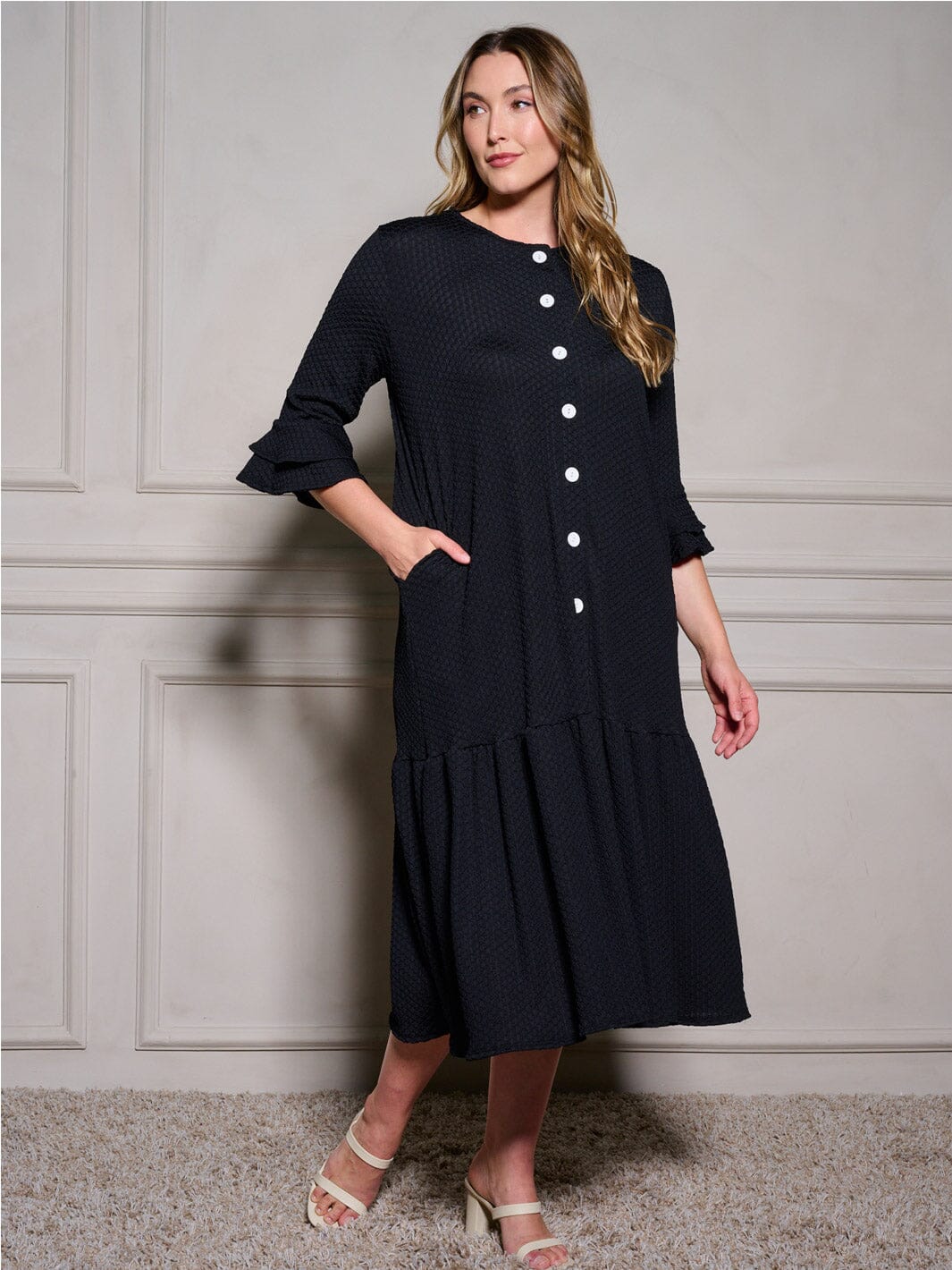 PLUS SIZE 3/4 RUFFLE SLEEVE POCKETS TIERED BUTTON UP MAXI DRESS
