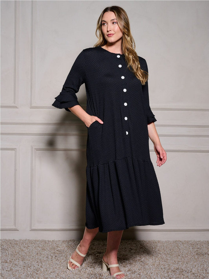 PLUS SIZE 3/4 RUFFLE SLEEVE POCKETS TIERED BUTTON UP MAXI DRESS